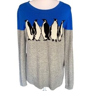 Talbots Penguin Graphic Gray Royal Blue Sweater Sz MP